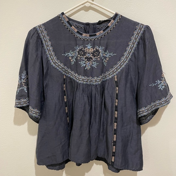 zara woman Tops - ZARA linen Floral Embroidered Blouse Oversized M Boho Festival Huipil Top Blue F